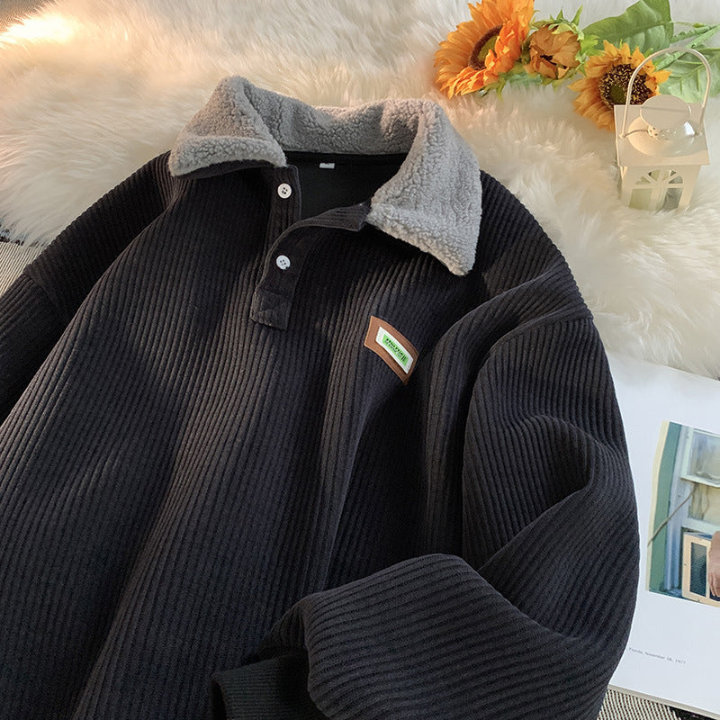 Fleece-lined Thick Corduroy Polo Collar Sweater