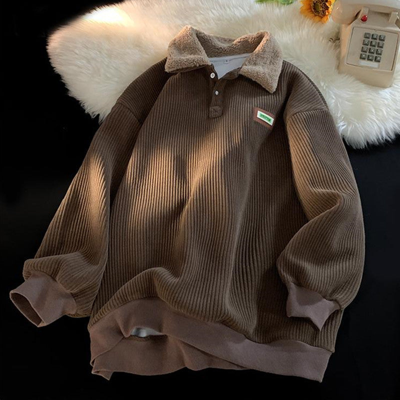 Fleece-lined Thick Corduroy Polo Collar Sweater