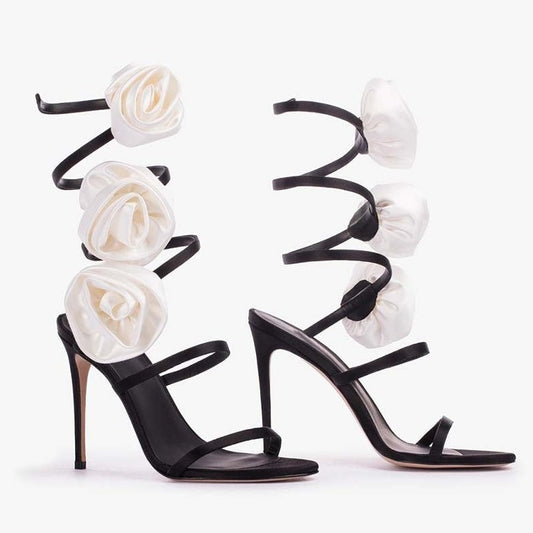 Lace-up Stiletto Heel Round Toe Flower Decorative Women's Sandals