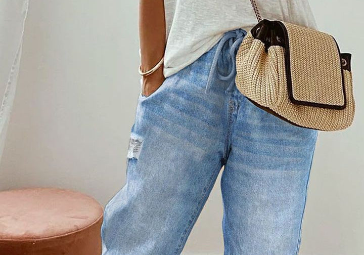 All-match Solid Color Drawstring Wash Denim Trousers For Women