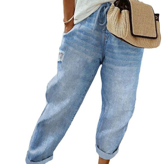 All-match Solid Color Drawstring Wash Denim Trousers For Women