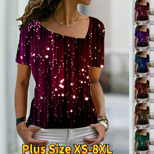 New Glitter Bright Diamond Print Theme Short Sleeve T-Shirt V-Neck Basic Shirt Top Summer  XS-8XL