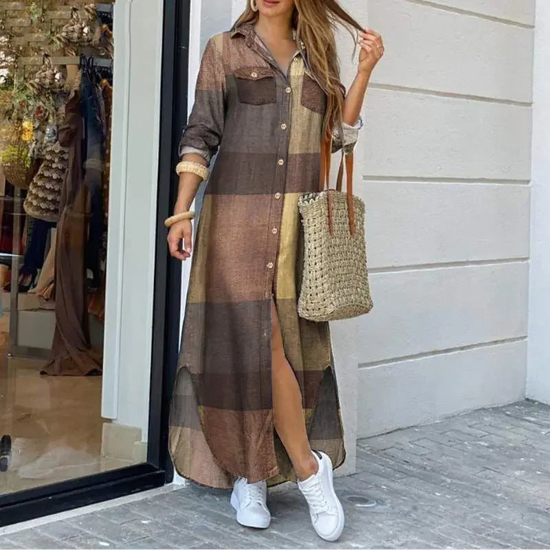 Women Long Sleeve Shirt Dress Spring Single Breasted Button Party Female Maxi