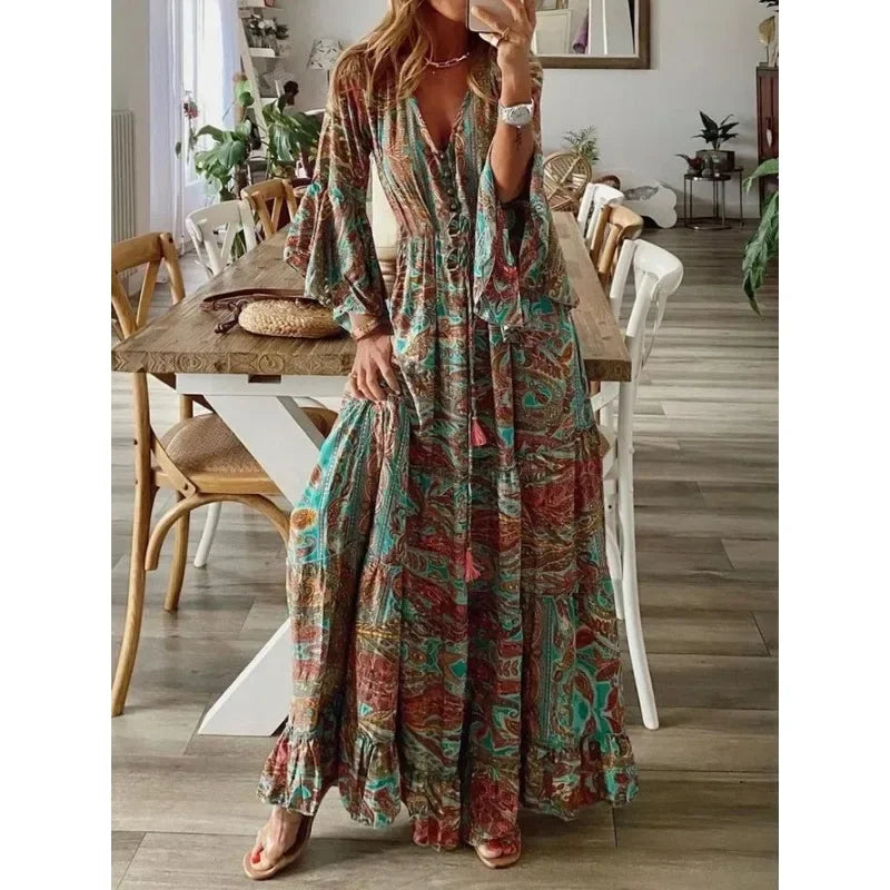 Women  Sexy V-neck Floral Print Pleated Long Sleeve