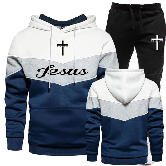 Men's Tracksuits Two Piece Set Casual Warm Sweater Pullover Jogging