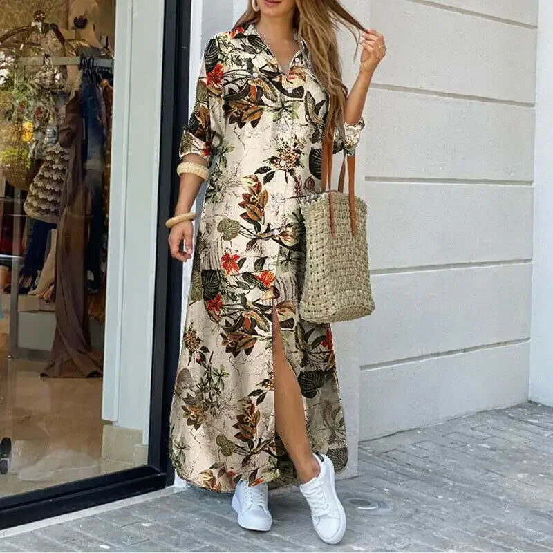 Women Long Sleeve Shirt Dress Spring Single Breasted Button Party Female Maxi