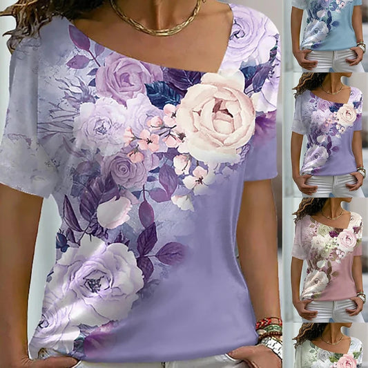 T Shirt Rose Floral Print V Neck Basic Tops Short Sleeve T-shirt XS-8XL/3D Printing
