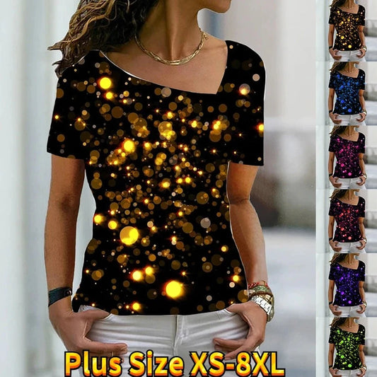 Women's Fashion New Glitter Print Themed Short Sleeve T Shirt V Neck Basic Shirt Top Summer  XS-8XL/3D Printing