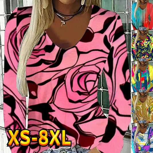 Women's Tops T Shirt Tee  Rose Casual V Neck Long Sleeve Basic XS-8XL