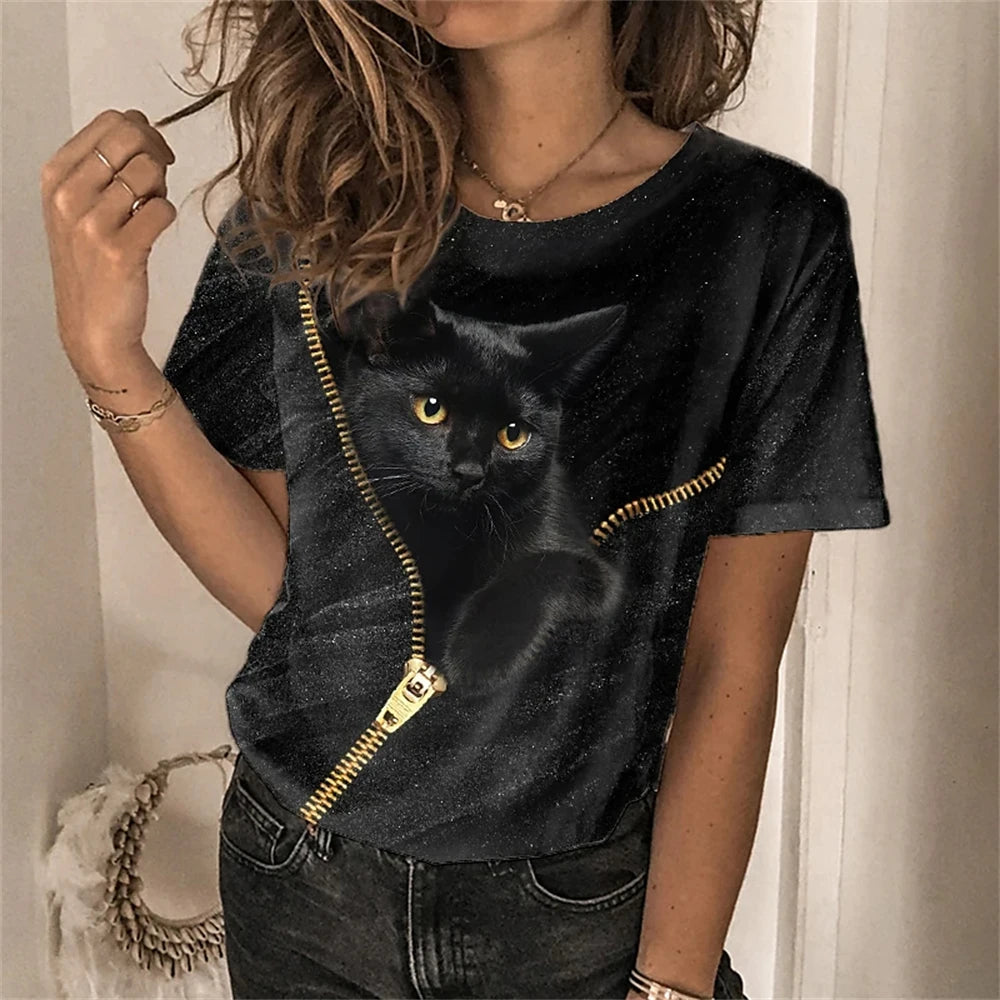 Womens T-shirt 3D Kawaii Cat Print Tees
