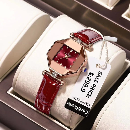 Luxury Quartz Watch Girl's Elegant Fashion Red Dial Waterproof Ladies Leather Watches