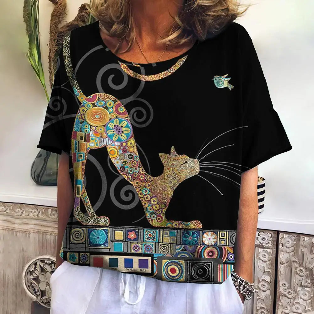 Womens T-shirt 3D Kawaii Cat Print Tees