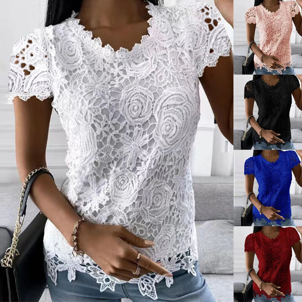 Women Fashion Lace Round Neck Tops T-Shirt Ladies Summer Casual Short Sleeve Blouse