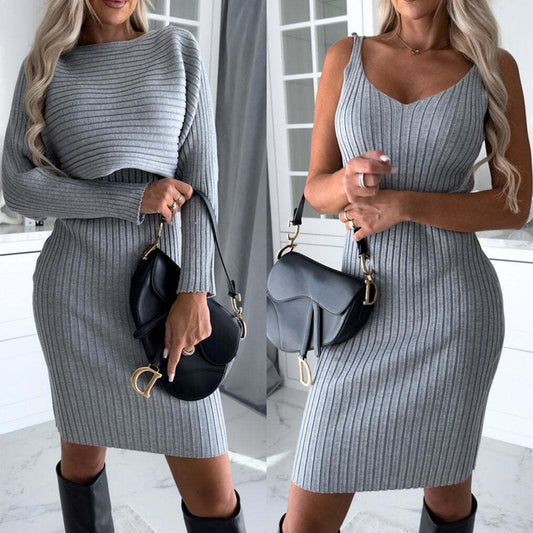 Women's Solid Stripe Long-sleeved Top And Tight Suspender Skirt