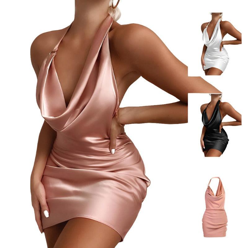 Satin Party Dress V Neck Backless Mini Sleeveless Summer Party Dress