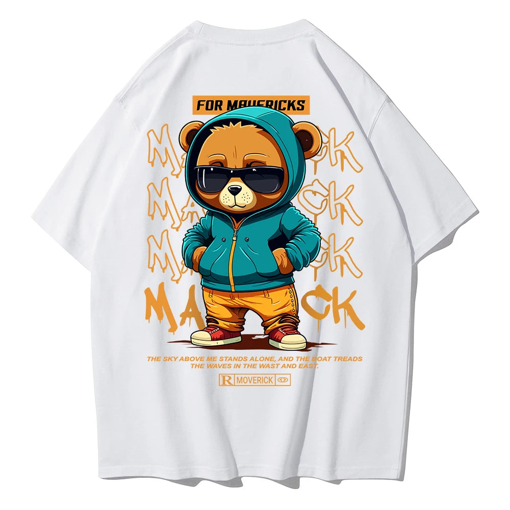 Men's Cotton Bear Pattern Printed T-Shirt with Round Neck