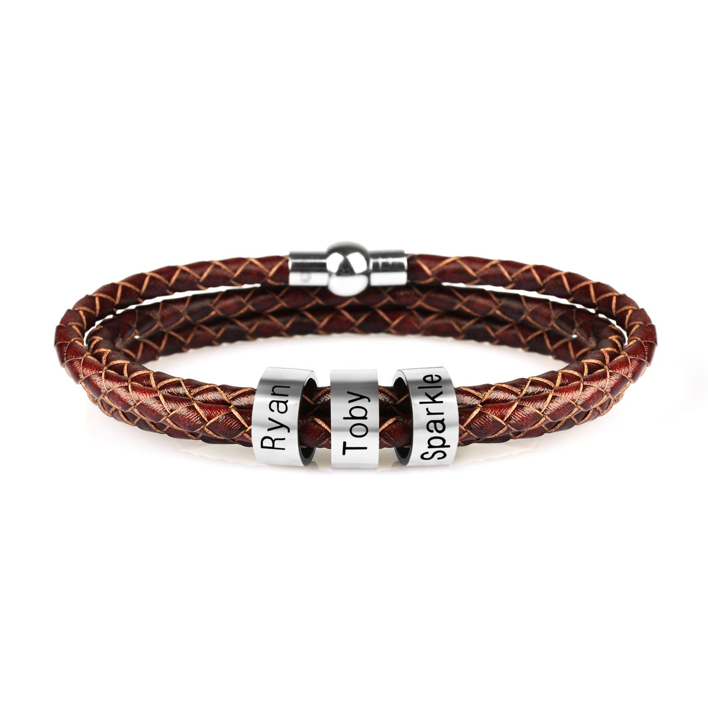 Personalized Mens Braided Genuine Leather Bracelet Stainless