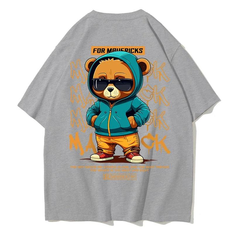 Men's Cotton Bear Pattern Printed T-Shirt with Round Neck