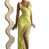 Women's Shrinking Pleated Fluttering Straps V-Neck Dresses Crowd Design Irregular Long Dresses