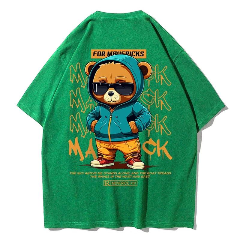 Men's Cotton Bear Pattern Printed T-Shirt with Round Neck