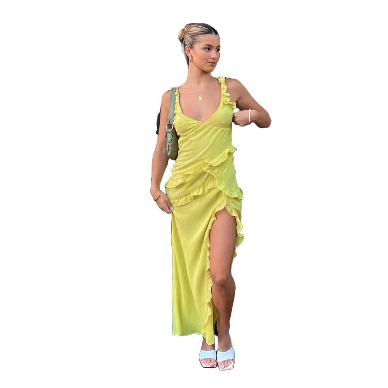 Women's Shrinking Pleated Fluttering Straps V-Neck Dresses Crowd Design Irregular Long Dresses
