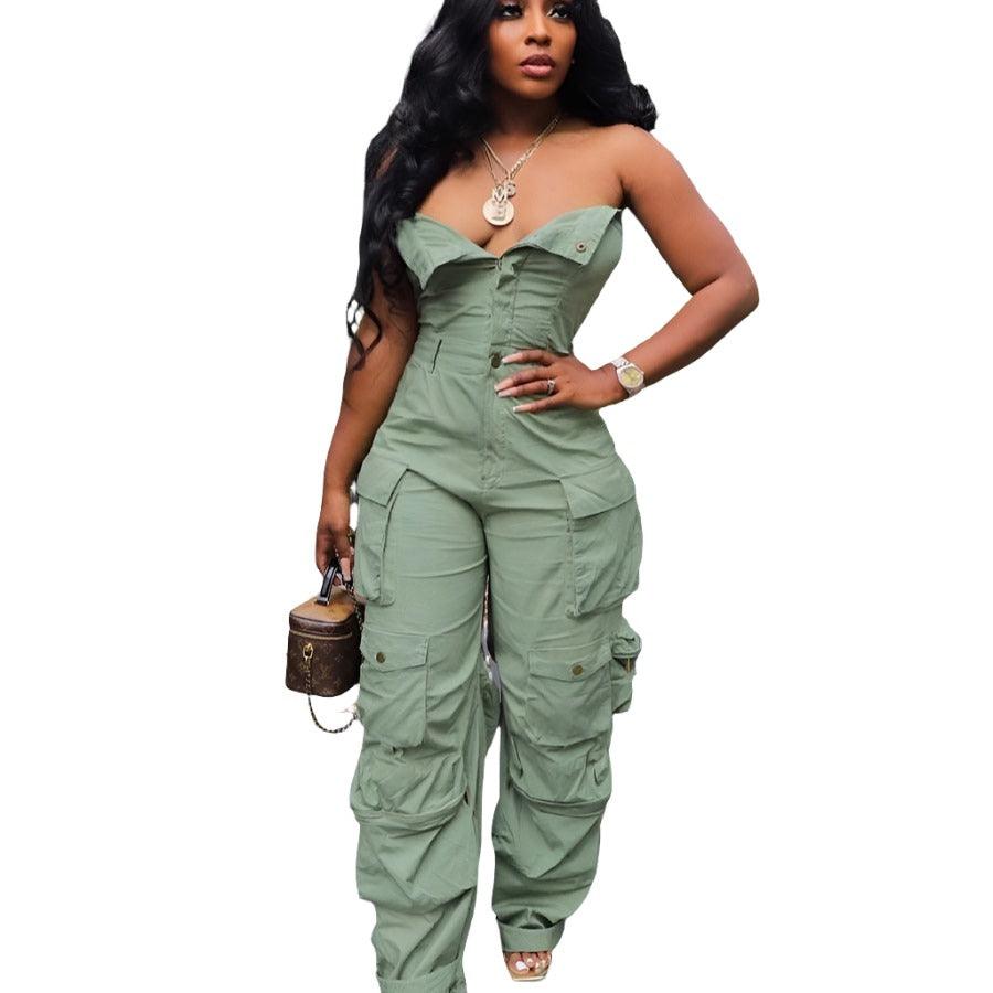 Single-Breasted Multi-Pocket Workwear Jumpsuit