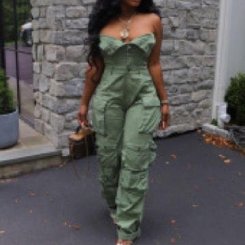 Single-Breasted Multi-Pocket Workwear Jumpsuit