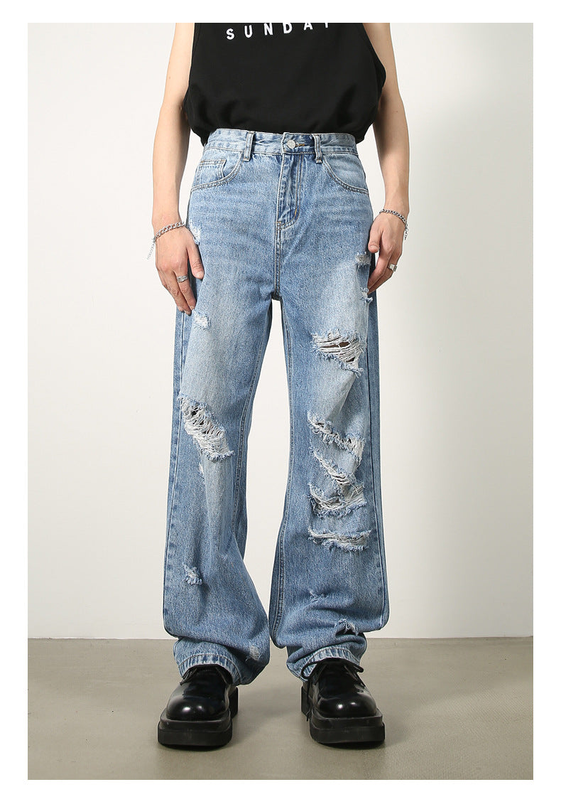 Washed Blue With Holes Straight Jeans For Men
