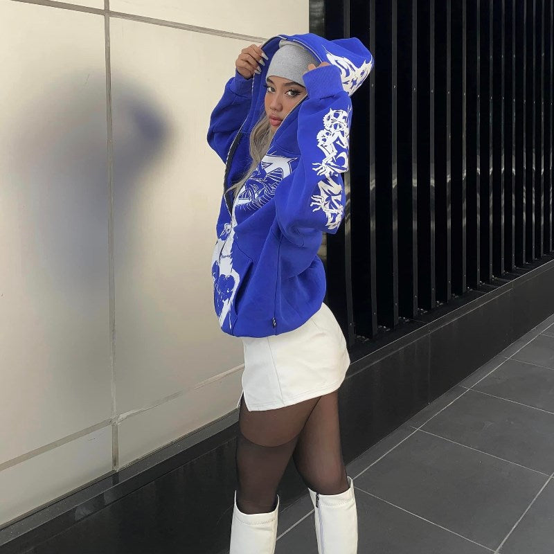 Women's Street Hip-hop Girl Printed Zipper Hooded Sweater