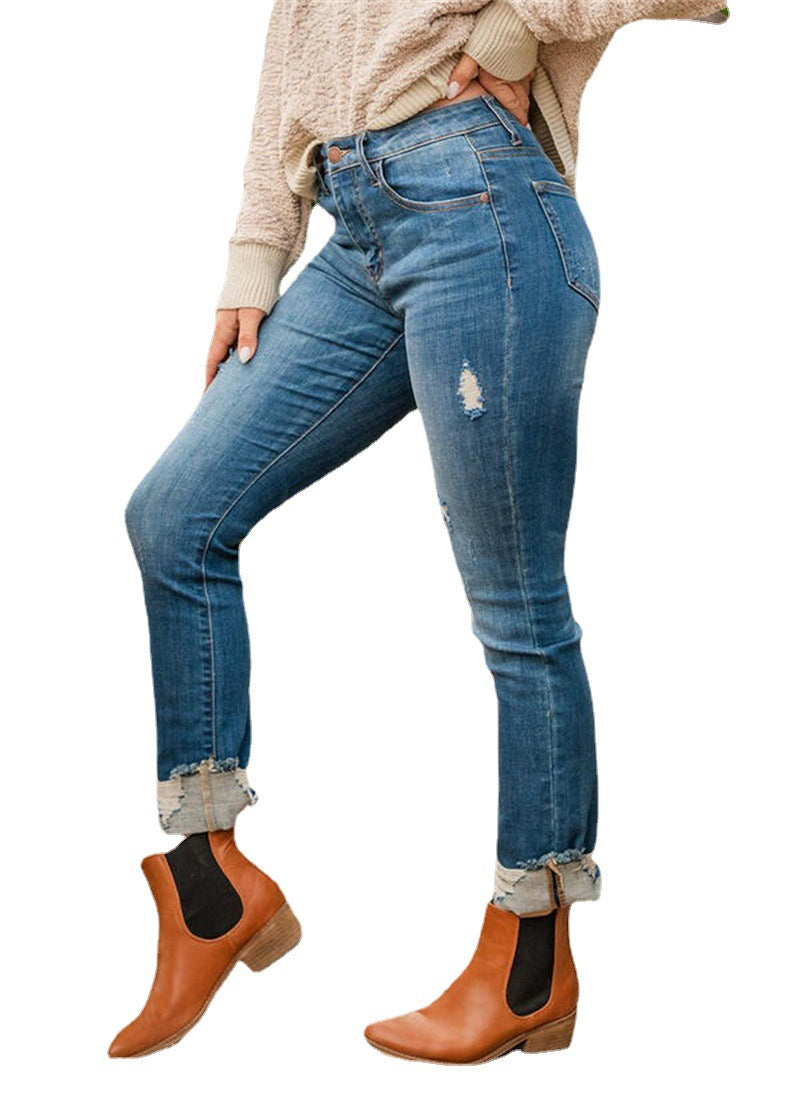 Slim Fit And Torn Blue Jeans For Women