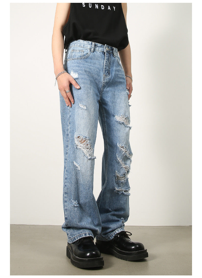 Washed Blue With Holes Straight Jeans For Men