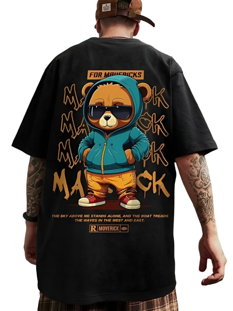 Men's Cotton Bear Pattern Printed T-Shirt with Round Neck