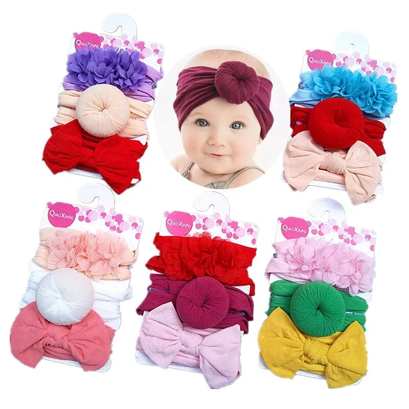 Maxime 3pcs/set Elastic Chiffon Flower Headbands For Baby Girls Hair Accessories Baby Girls Bows Nylon Solid Color Turban Hair Band