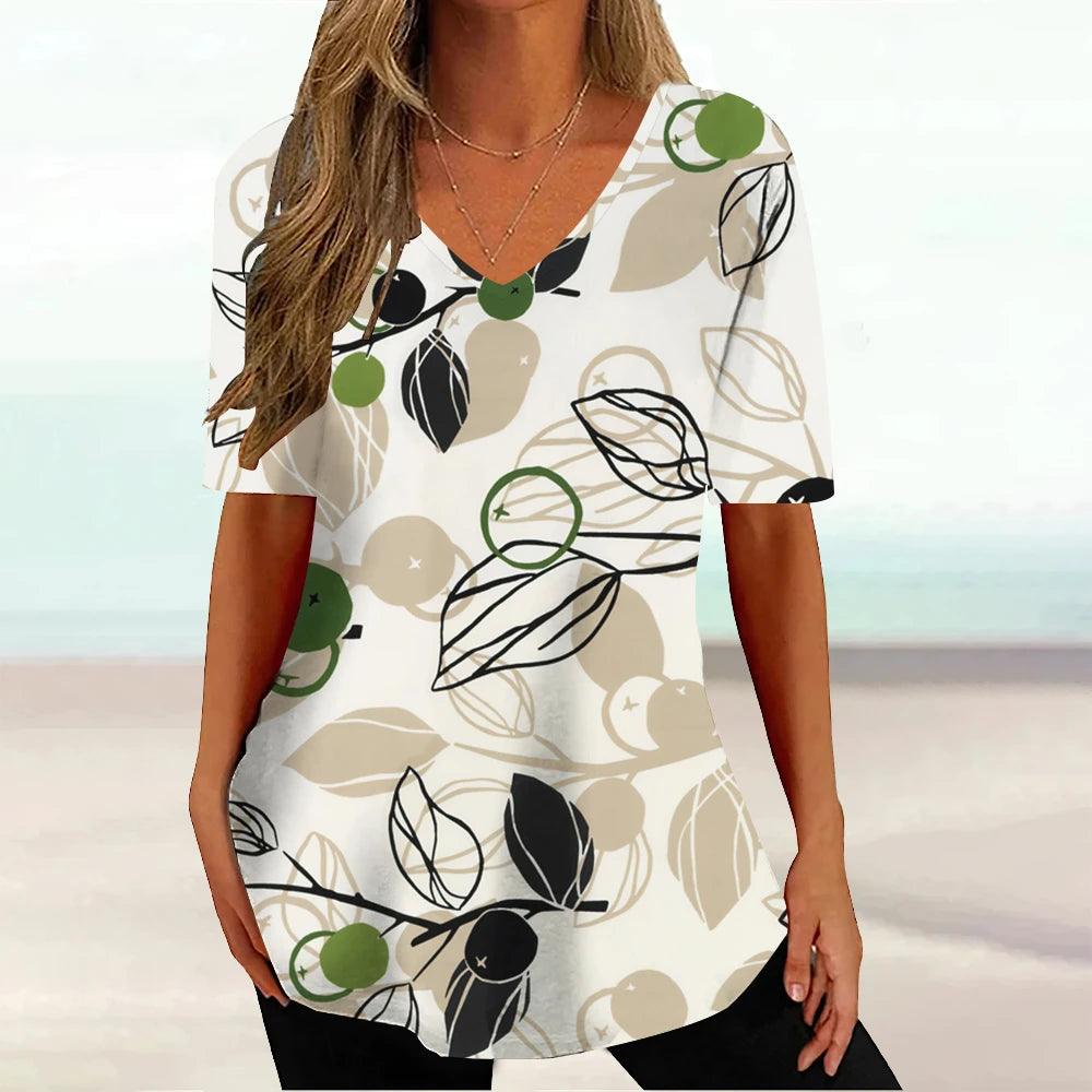 New Floral Summer V-neck Ladies Loose Short Sleeve Tops Female Casual Blouse - MAXIME