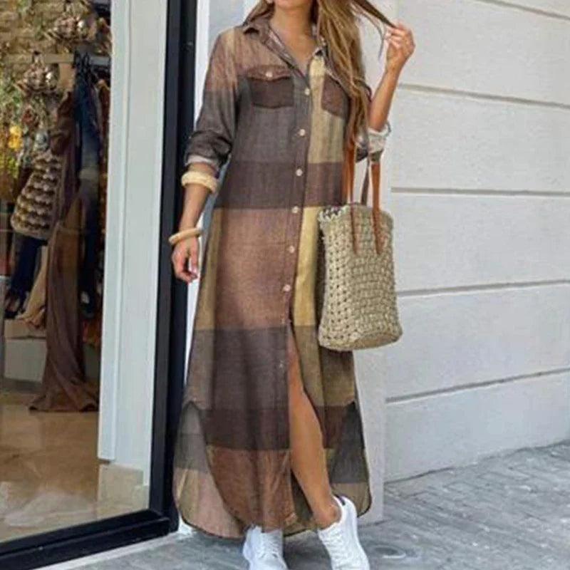 Women Long Sleeve Shirt Dress Spring Single Breasted Button Party Female Maxi - MAXIME