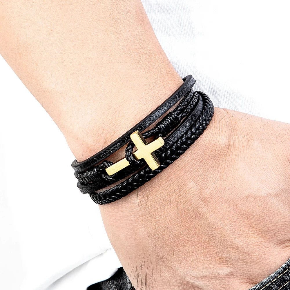 New Cross Men's Leather Bracelets Stainless Steel
