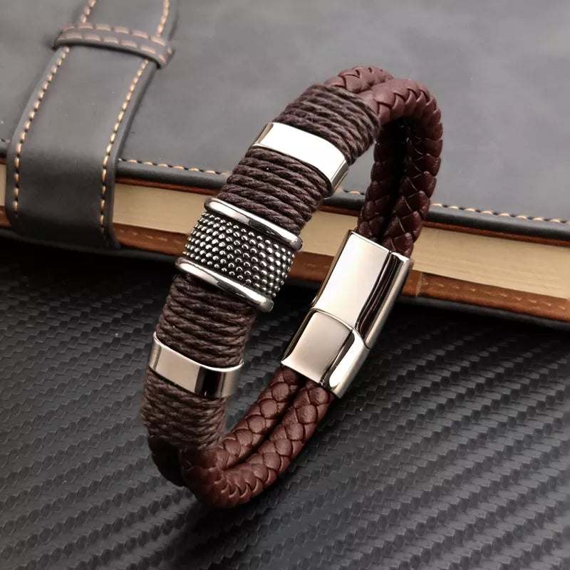 Leather Men Bracelet Stone Bead Bracelet Stainless Steel Jewelry Male Wrist Bangle Gift