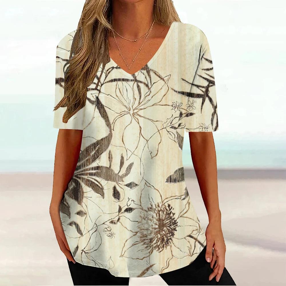 New Floral Summer V-neck Ladies Loose Short Sleeve Tops Female Casual Blouse - MAXIME