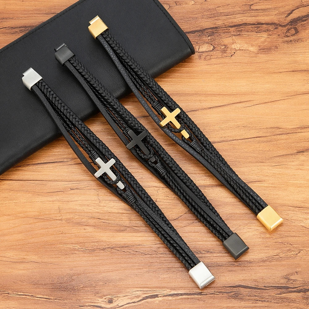 New Cross Men's Leather Bracelets Stainless Steel