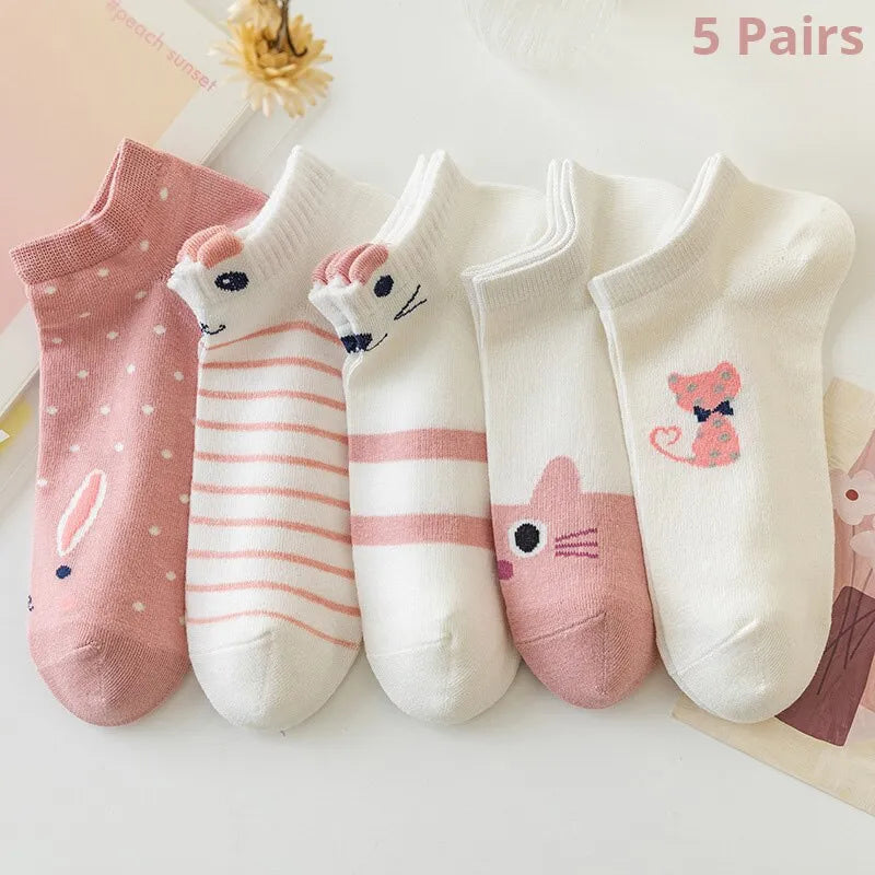 Maxime 5 Pairs Women's Short Tube Socks Pink Cat Thin Four Seasons Cute Boat Sockslow Top Ins Trendy Socks