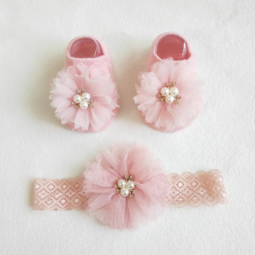 Maxime Lovely Pearl Bows Baby Headband Socks Set Non Slip Cotton Sock Lace Flower Newborn Hair Band Turban Girl Hair Accessories - MAXIME