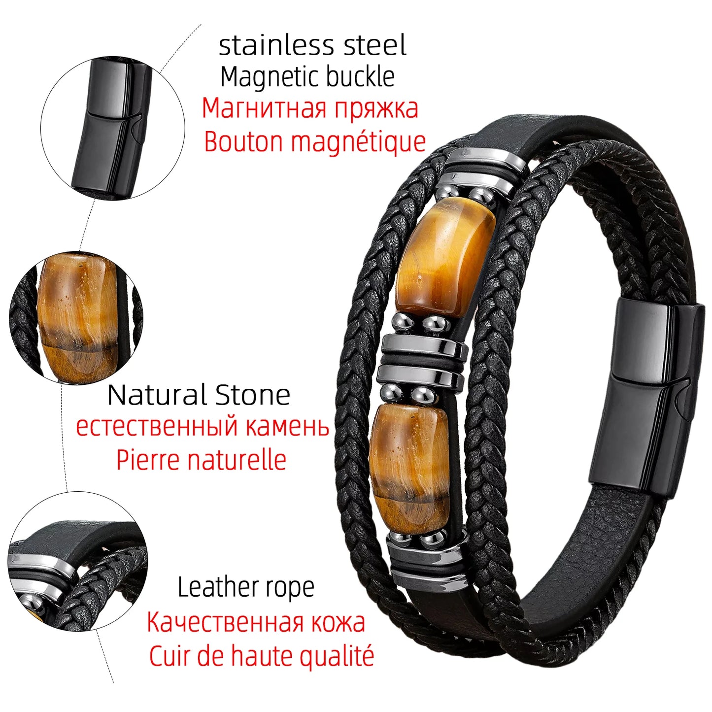 Tiger Eye Stone Bracelet For Men Simple Stainless Steel Jewelry Accessories
