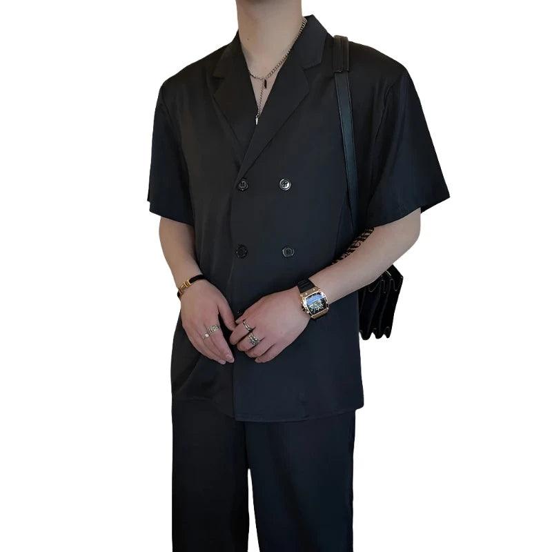 Double Breasted Short Sleeve Shirt/Trousers Two Piece Set - MAXIME