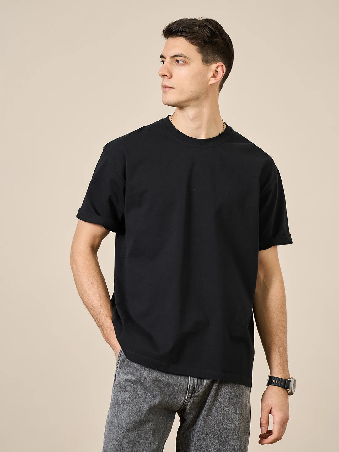 T-shirt Men High Quality Solid Color Drop Sleeve Loose