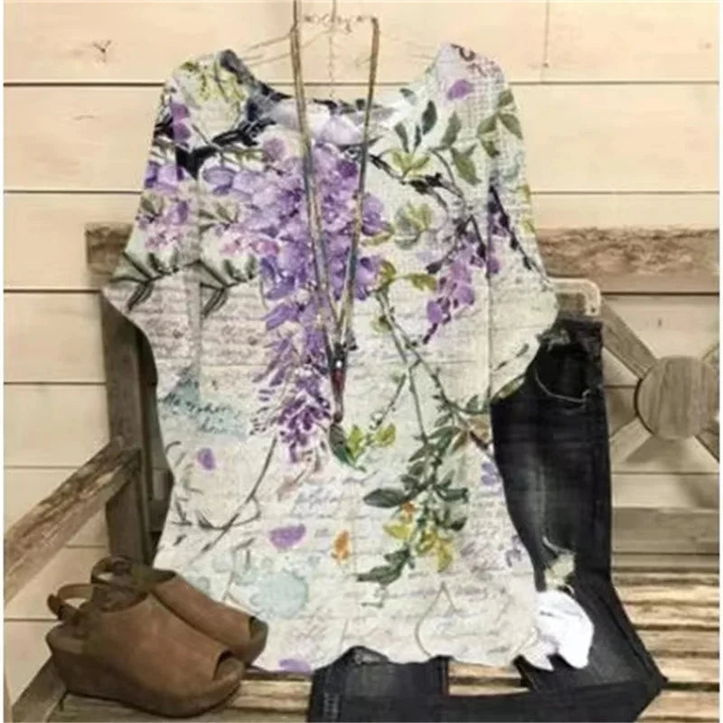 Women T-Shirt O-Neck Casual Short Sleeve Flowers - MAXIME