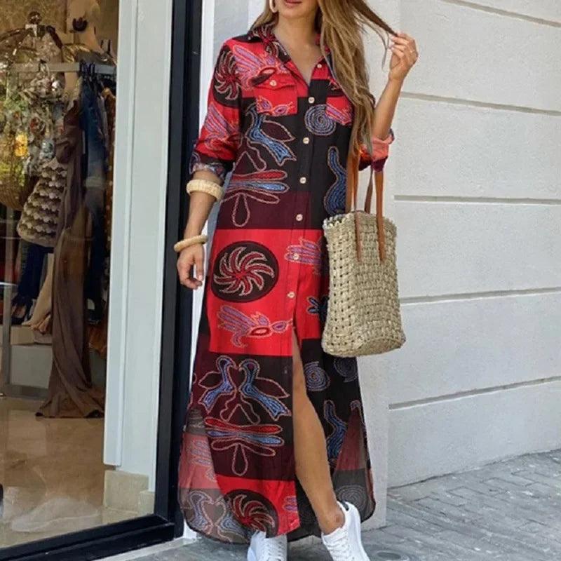 Women Long Sleeve Shirt Dress Spring Single Breasted Button Party Female Maxi - MAXIME