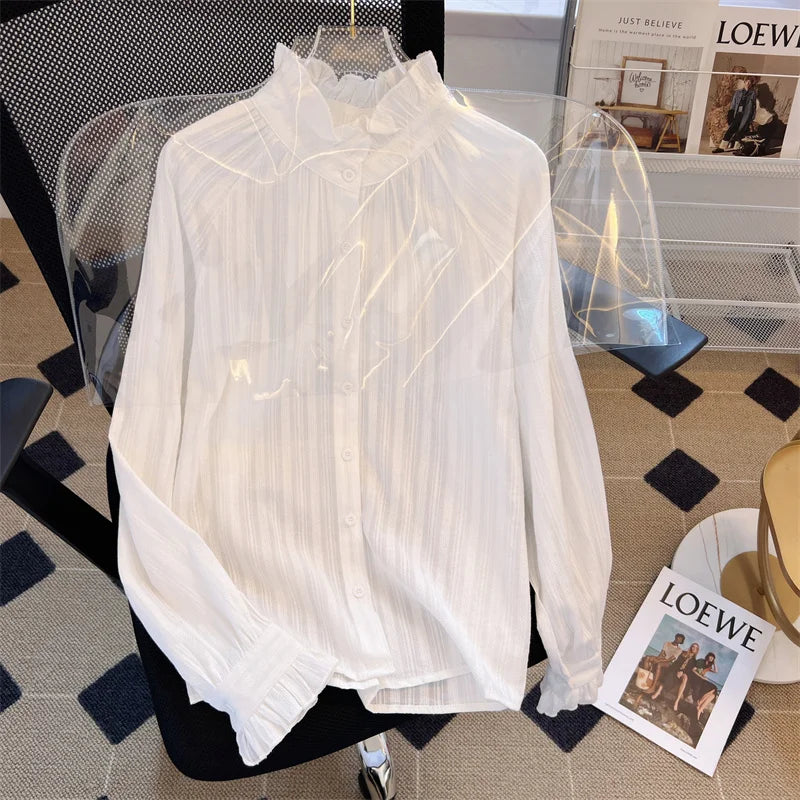 Women's White Long Sleeve Lotus Leaf Collar Casual Shirt