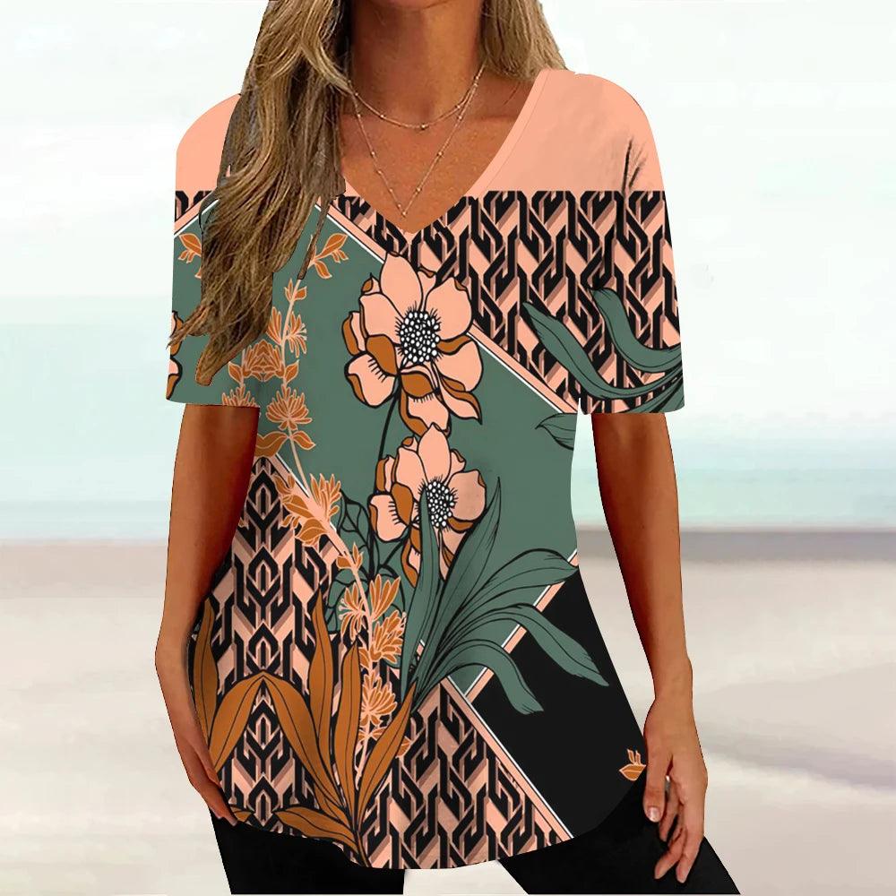 New Floral Summer V-neck Ladies Loose Short Sleeve Tops Female Casual Blouse - MAXIME