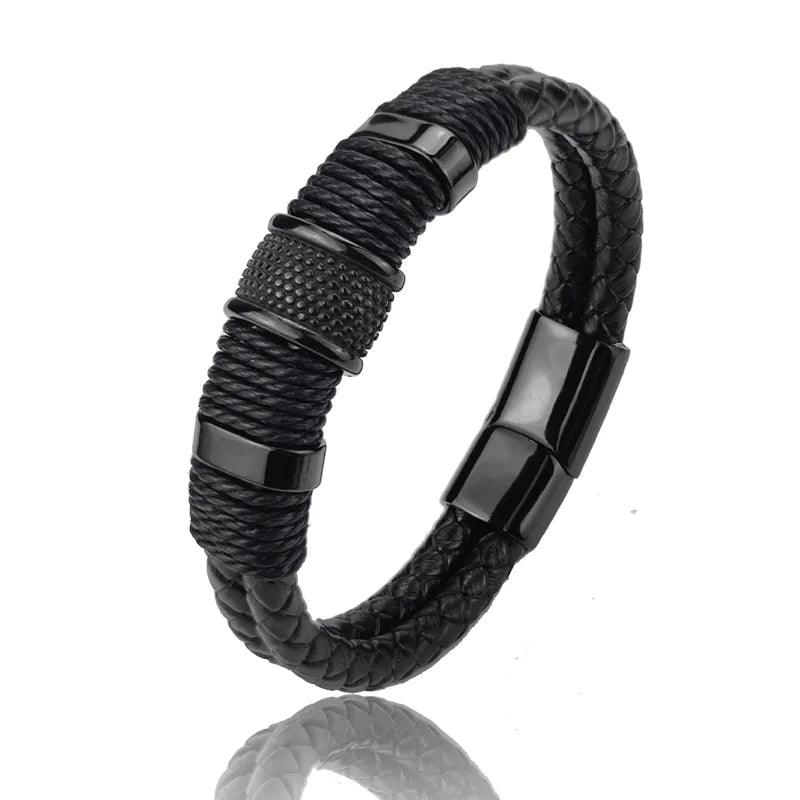 Leather Men Bracelet Stone Bead Bracelet Stainless Steel Jewelry Male Wrist Bangle Gift - MAXIME