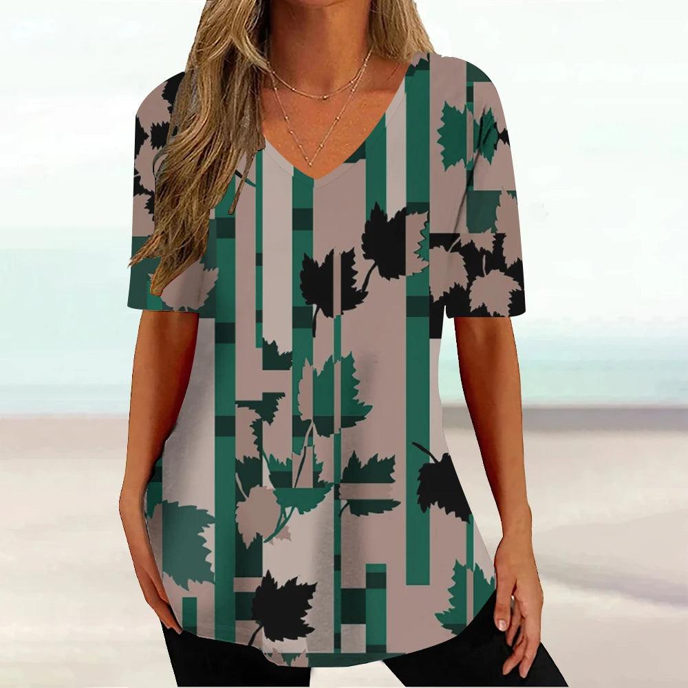 New Floral Summer V-neck Ladies Loose Short Sleeve Tops Female Casual Blouse - MAXIME